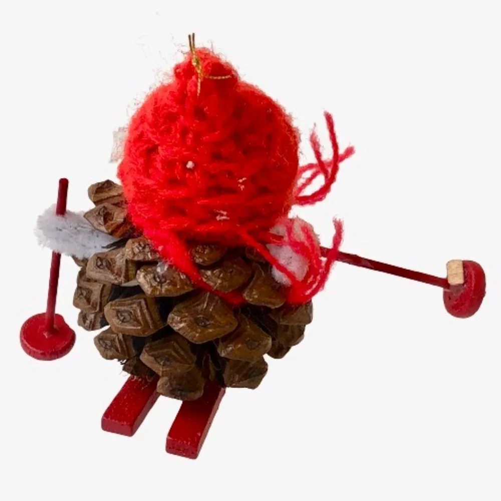 Vintage Christmas Ornaments Handmade Pine-Cone Skier + Yarn Log Carrier Lot 2